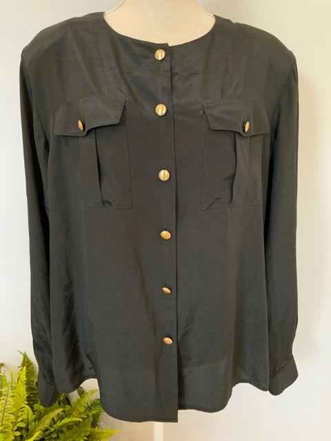 Vintage ALYSSA CARR Womens Size 18 Black Long Sleeve Shoulder Pads Button Shirt