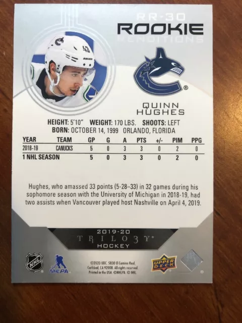 19-20 UD Trilogy Hockey Rookie Renditions RR-30 Quinn Hughes 2