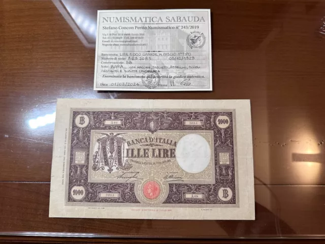 BANCONOTA LIRE 1000 GRANDE M FASCIO I TIPO 5 12 1929 RARA certificata BB SABAUDA