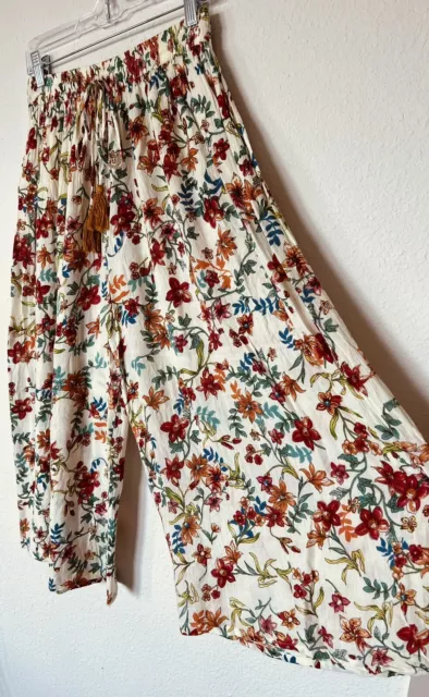 RAGA Women Gauzy Wide Leg Boho Floral Cottage Core Elastic Waist Crop Pants SZ M