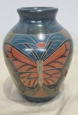 Vintage South American Carved Etched Red Clay  Vase Bird, Butterfly,  Monkey