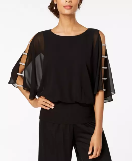 New $49 MSK   Women's Embellished Capelet Chiffon h Blouse A2455