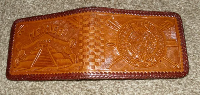 Vintage Mexico Bi-Fold Brown Leather Wallet Cool Design Look Gently Used