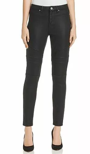 B0 NWT ELIE TAHARI Black Coated Cotton Blend Azella Moto Jeans Size 24 $248