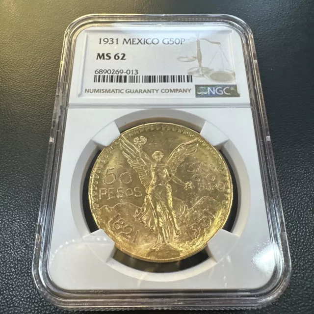 Key Date | Mexico 1931 Gold 41.66 Gram | Ngc Ms 62 1.2057 Oz Agw Gold 50 Peso