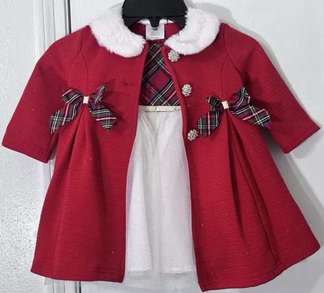 Blueberi Boulevard Baby Girls Red Coat & White Fur Plaid Dress Set Size 18 M