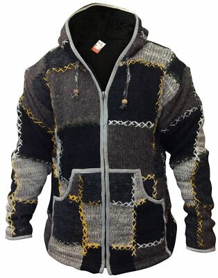 Mens Wool Patchwork Fleece Lined Hippy Jacket Boho Superwarm Winter Zip Jumper