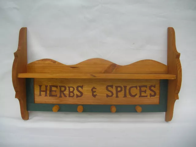 Wooden Country Herbs And Spices Kitchen Wall Shelf With Hooks