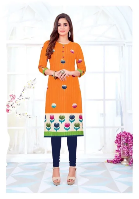 New Indian Pakistani Women Stitched 100% Cotton Kurti L XL XXL Orange US Seller
