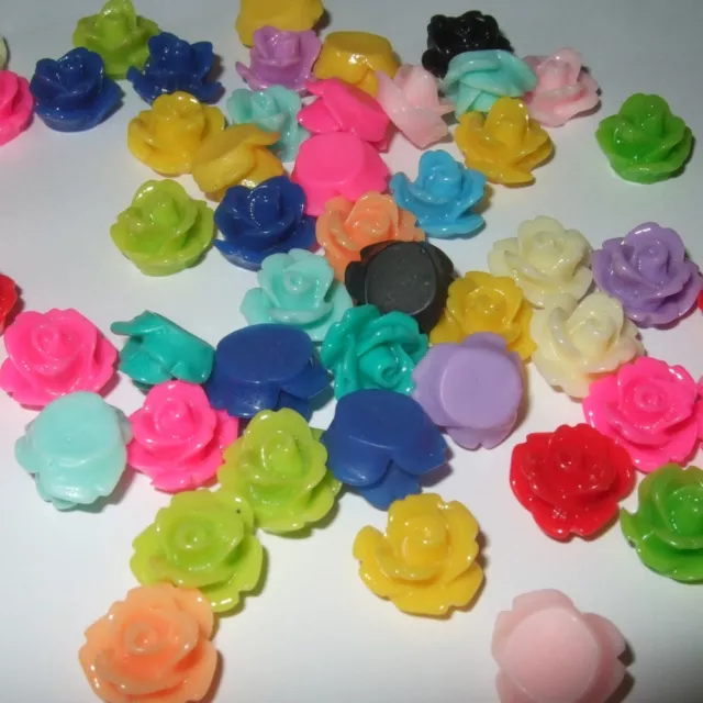 25, 50 OR 100 PCS 10mm VARIOUS COLOUR RESIN ROSE FLOWER FLATBACK CABOCHON C27