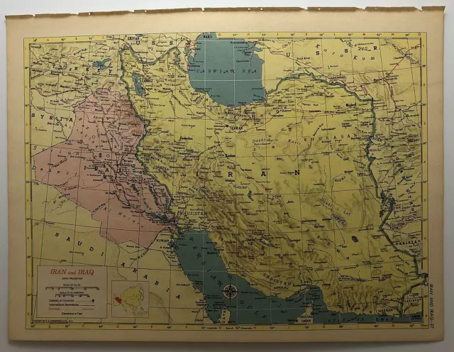1954 Vintage IRAN & IRAQ Antique Atlas Map - Hammond's New World Atlas