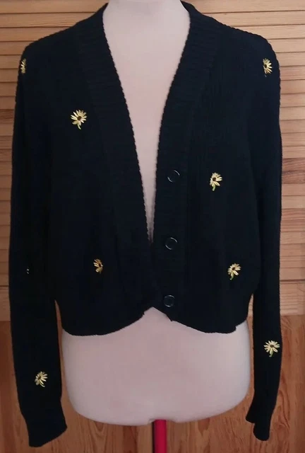 Dainty Boho Sunflower Embroidered Cardigan Cropped Sweater Knit Black Size S