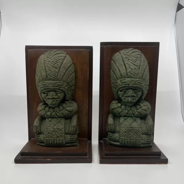 Vintage Aztec Mayan Mexican Kings Gods Heavy Stone Wooden Pair of Bookends 2