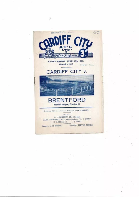 1949/50 Cardiff City v Brentford Football Programme