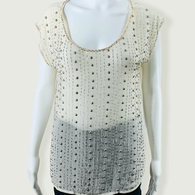 Twentyone 21 Beaded Top Size Small Relaxed Fit Cap Short Sleeve Sheer Blush FLAW