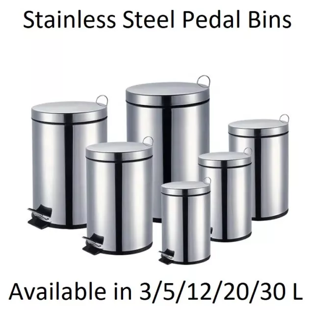 Stainless Steel Pedal Bin 3 5 12 20 & 30L Silver Kitchen Bathroom Toilet Rubbish