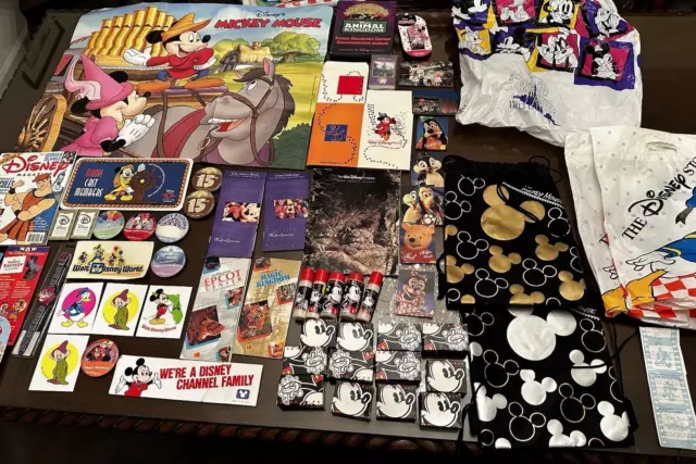 Walt Disney World Junk Drawer Lot Store Channel Cards Bags Brochures Buttons