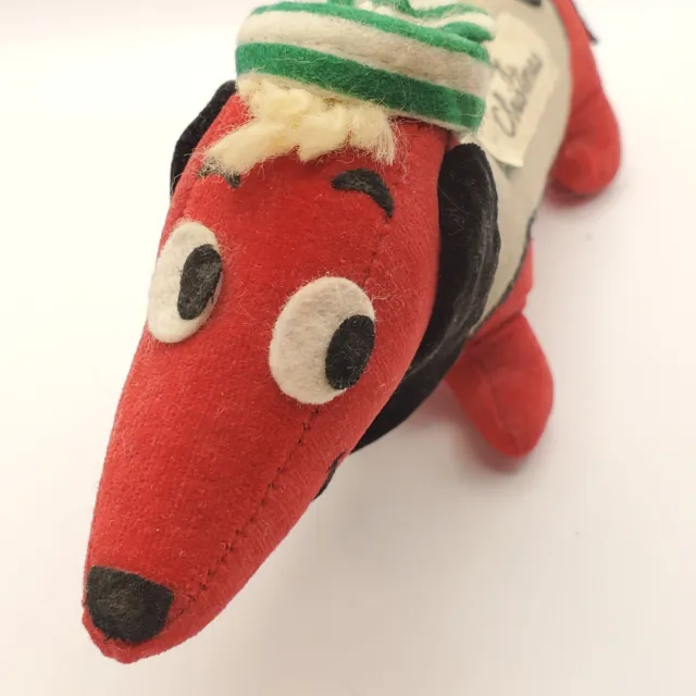VINTAGE Stuffed FELT Plush Dachshund Wiener Dog Merry Christmas Hat Dream Pets