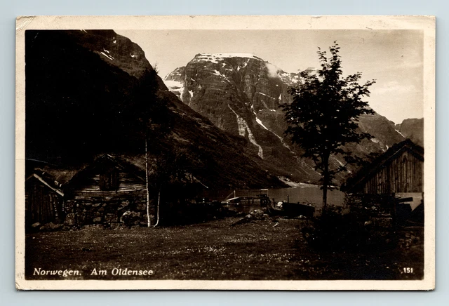 Vintage c1928 RPPC Postcard Vestland Norway Oldevatnet Fjord Olden Cabins