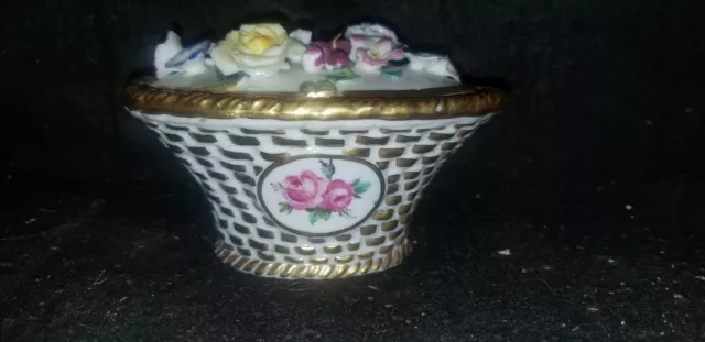 Antique English Hand Painted Floral Basket Porcelain Inkwell Encrusted Flowers