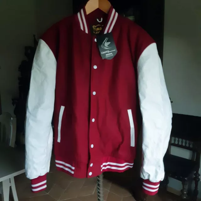 Jacket, Giacca Lana Bordeaux, Maniche Bianche Vera Pelle Varsity Baseball Bomber