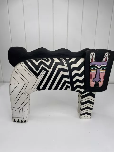 Vintage Laurel Burch Carved Wooden Zebra Cat Hand Painted Sculpture 1980s 12”x9”