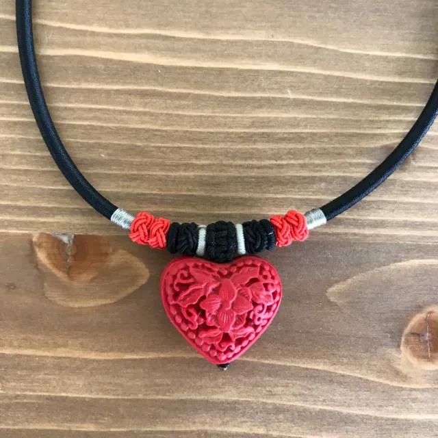 Cinnabar-Style Lacquer Resin Carved Heart Shape Pendant Necklace
