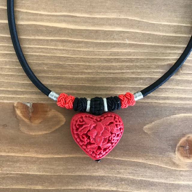 Cinnabar-Style Lacquer Resin Carved Heart Shape Pendant Necklace
