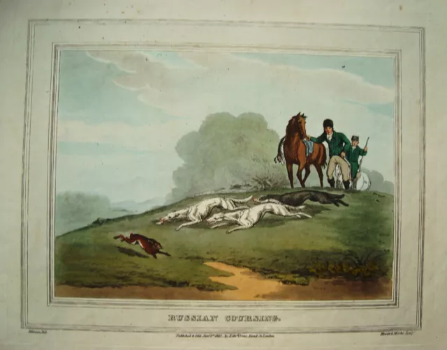 Hasenjagd Pferde Hund seltener altkolorierter Kupferstich in  Aquatinta 1813