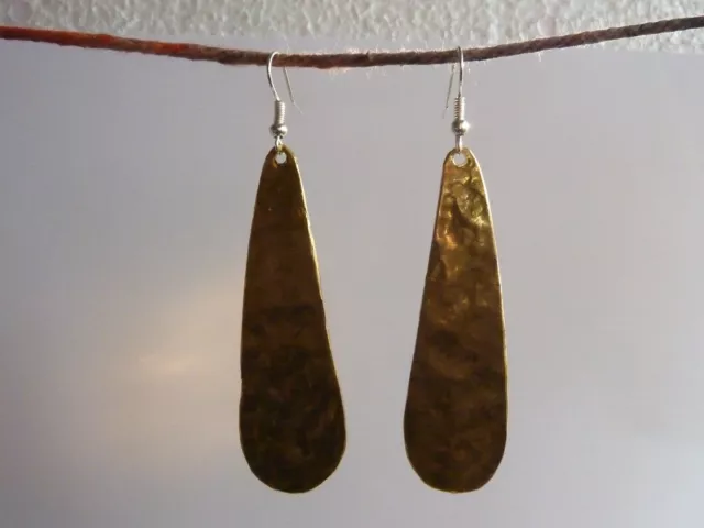 Teardrop Hammered Brass Earrings 6cm long. Free post UK.