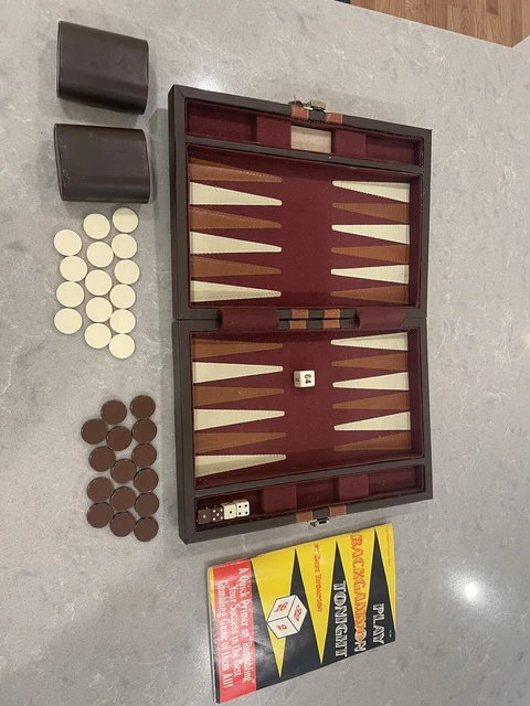 DA VINCI 16 Inch Brown Leatherette Backgammon Set - Includes Pieces, Dice, And Cups