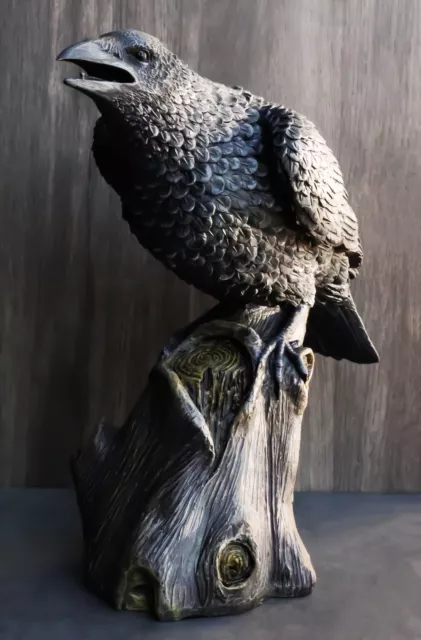 Ebros Large 14" Long Gothic Raven Crow Perching On Tree Stump Statue Figurine