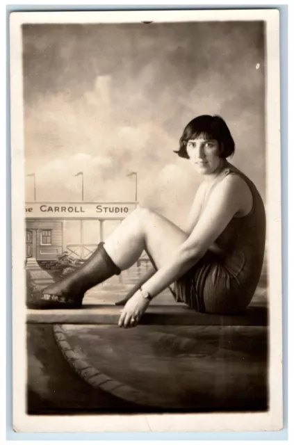 c1930's Swimsuit Woman Studio Bathing Beauty Carroll Studio RPPC Photo Postcard