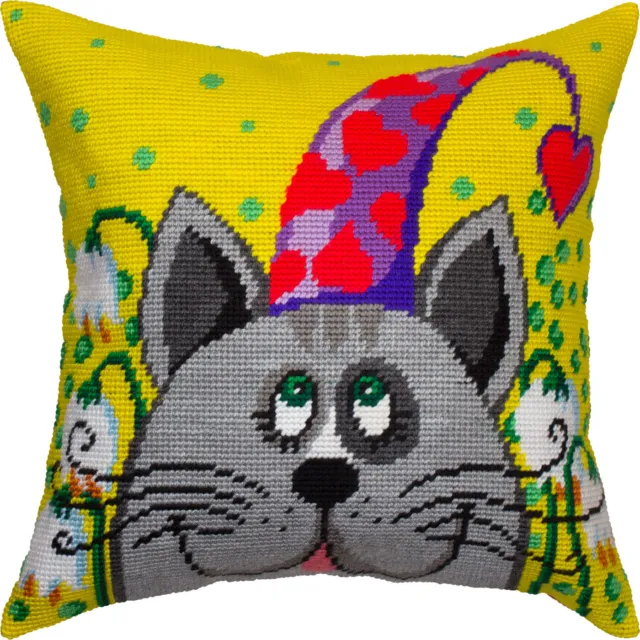 Hazlo tú mismo Kit de almohada con aguja ""Cat in a Cone Hat"" 16""x16"" / 40x40 cm