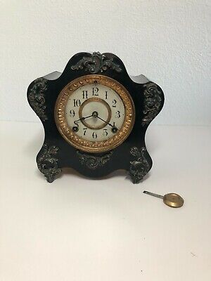Ansonia clock co. fancy black metal parlor clock for parts only