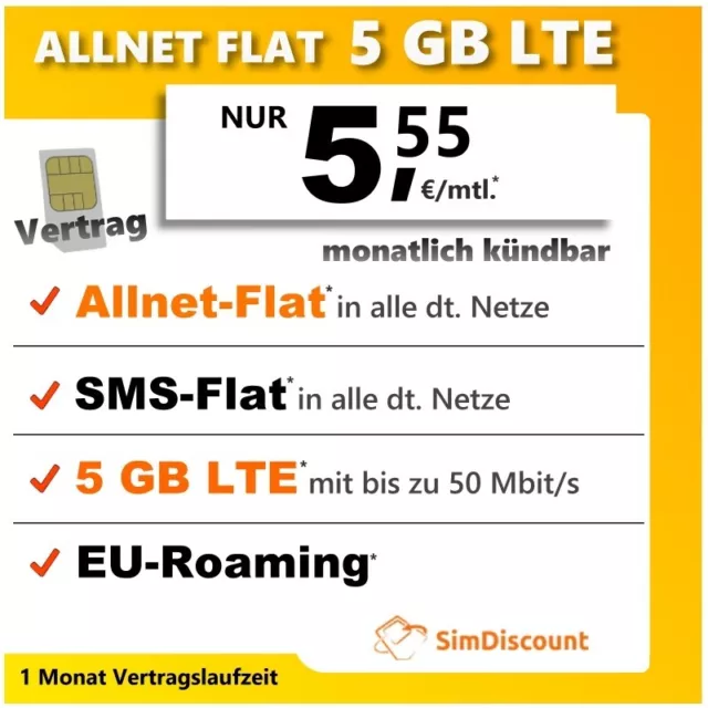 Handyvertrag mit Allnet Flatrate 5 GB LTE Internet Sim Only Vertrag 5,55 €/mtl.