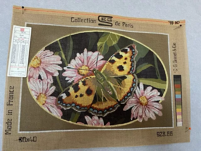 Butterfly on Flowers Vintage Needlepoint Tapestry Canvas