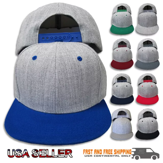 Snapback Hat Heather Grey Cap New Gray Bill 2 tone Flat  Baseball Mens S Plain