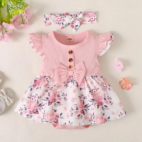 2PCS Newborn Baby Girls Floral Ruffle Romper Dress Headband Outfit Set Clothes