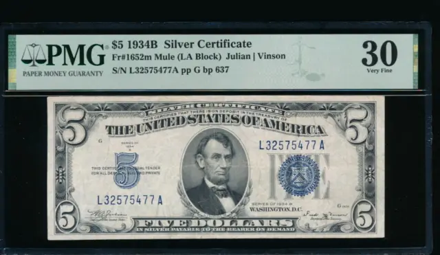 AC 1934B $5 Silver Certificate PMG 30 mule late back plate 637 Fr 1652