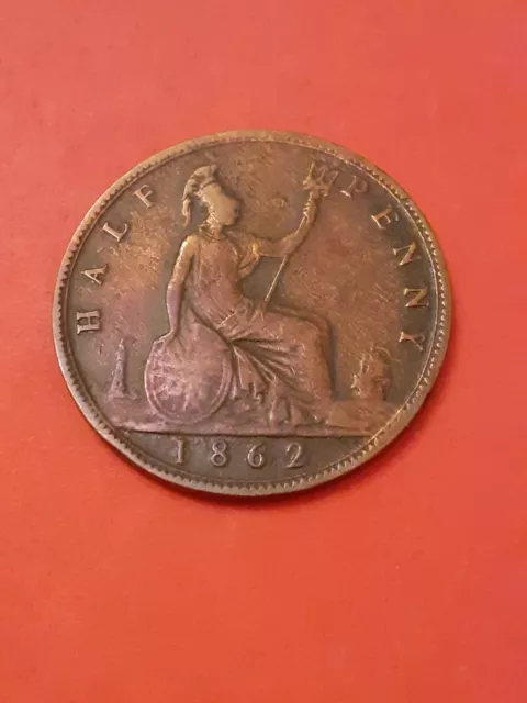 1862 Victoria Half Penny. Harshly Cleaned.