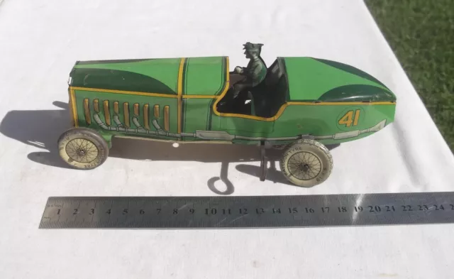 Old Original Antique Wind Up Clockwork Wells Race Car Tin Toy