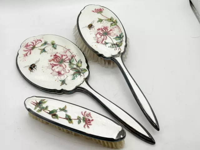 Antique Silver Plate Enamel Bees / Flowers Hand Mirror Dressing Table Set Brush