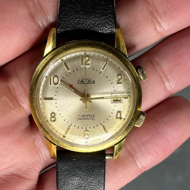 Montre Vintage Louis Frey - Mécanique 17 Jewels, Cadran Et Bracelet Noir & Doré - Occasion Pour Femme