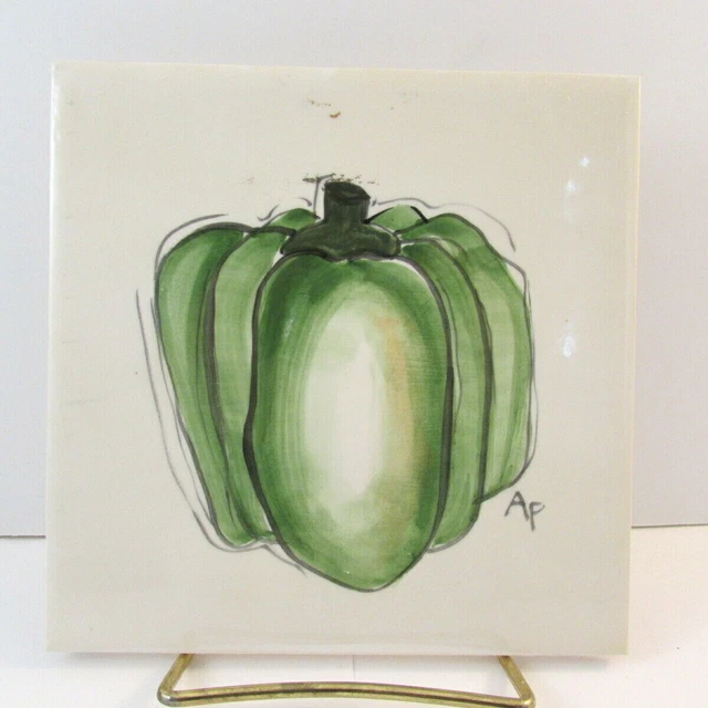 H&R Johnson England Hand Painted Vintage Tile 6x6 green bell pepper trivet