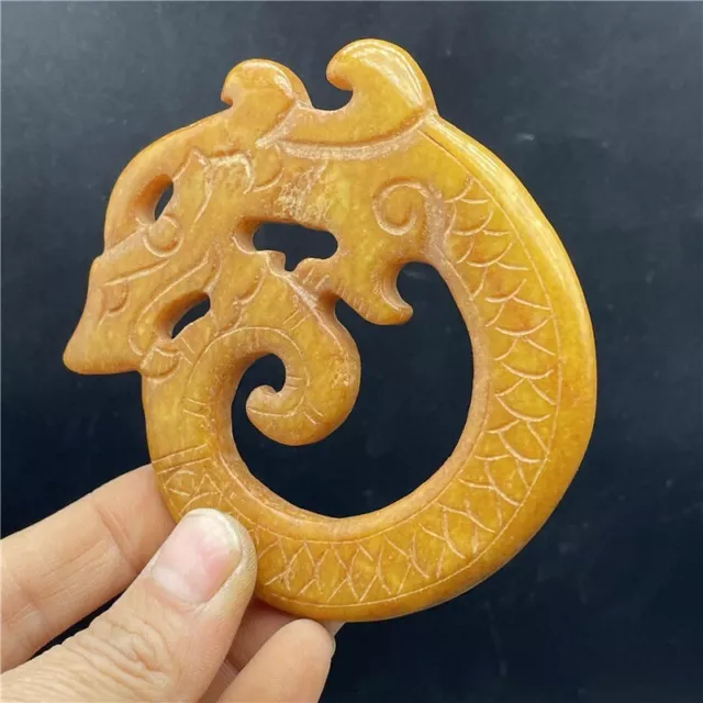 Chinese Old Handwork Green Jade Carved Dragon Pendant 3