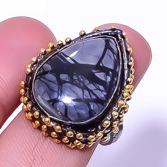 Picasso Jasper 925 Sterling Silver Two Tone Gold Plated Ring s.8 R7486-23