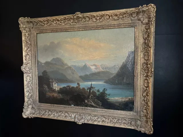 Antik alt Ölgemälde Ölbild Biedermeier Bergsee Hütte Gebirge 1.Hälfte 19.Jhd