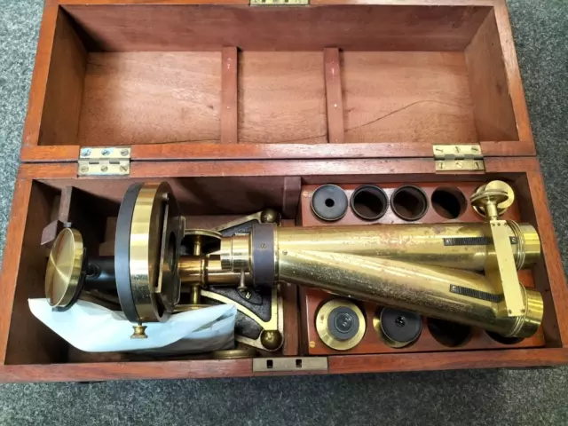 Antique Brass Microscope R & J Beck London No. 5260. Circa 1800s. w. Wooden Box