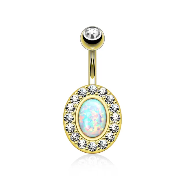 1 Pc 14K Gold Plated White Fire Opal Stone CZ Navel Belly Button Ring 14G